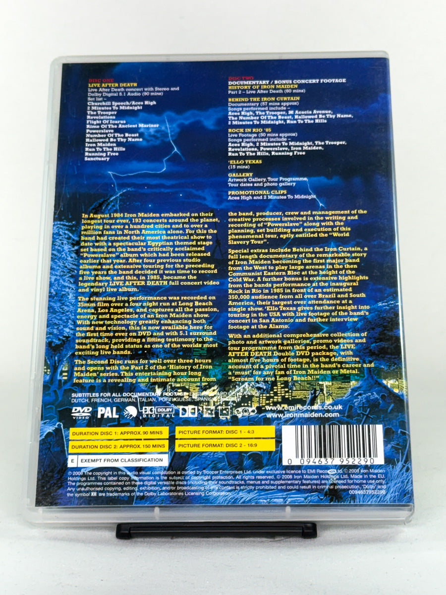 Bakside av DVD-cover til Iron Maiden – Live After Death – brukt DVD (2 discer); låtliste og bonusinnhold.