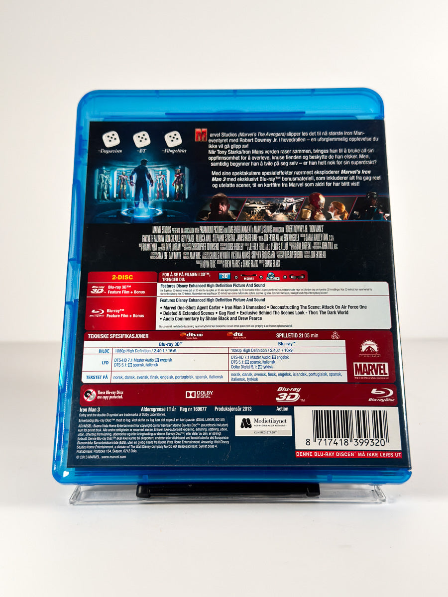 Bakside av cover til Iron Man 3 3D på Blu-ray