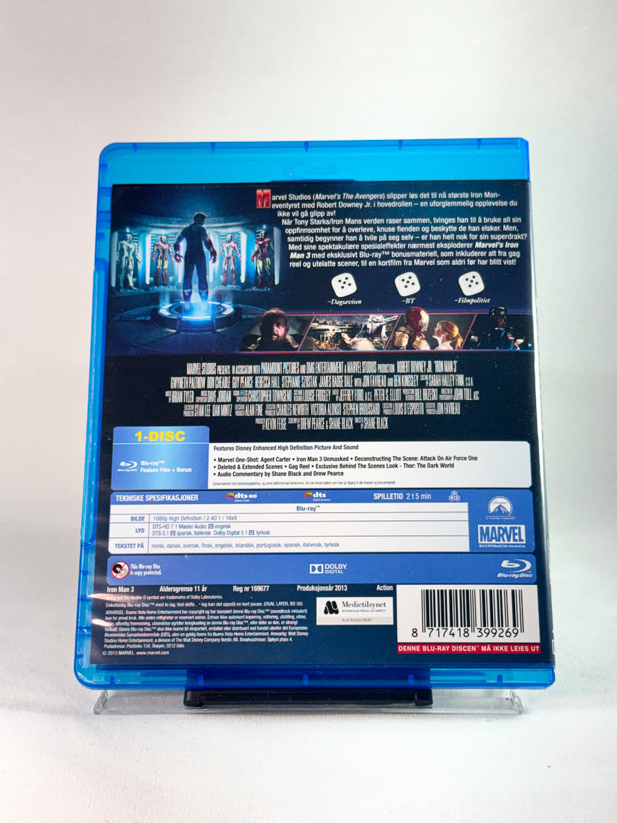 Bakside av cover til Iron Man 3, bruktfilm hos nettbutikken Brukbar Film