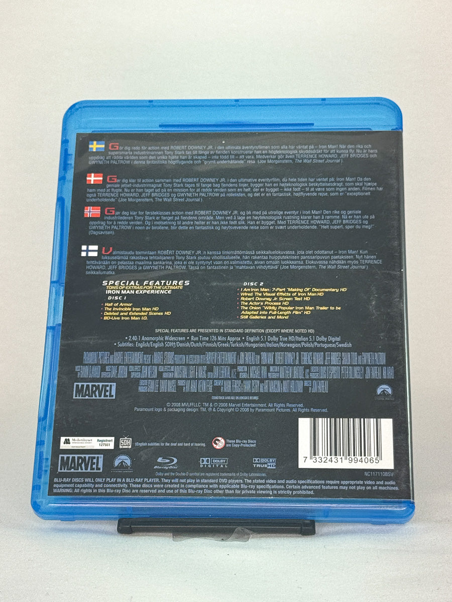 Bakside av Blu-ray-cover til Iron Man – oversikt over spesifikasjoner og ekstramateriale, brukt Blu-ray hos Brukbar Film