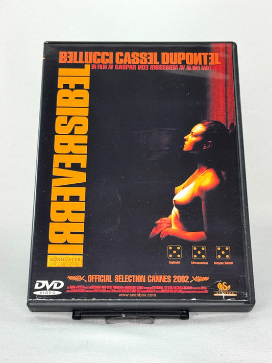 Forside av DVD-cover til Irréversible – sjokkerende og kontroversiell film av Gaspar Noé med Monica Bellucci og Vincent Cassel, brukt DVD hos Brukbar Film.
