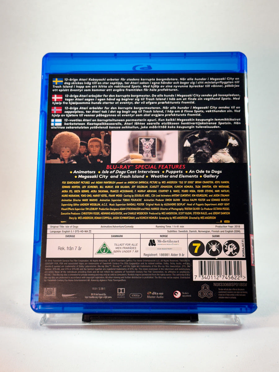 Bakside av cover til Isle of Dogs, brukt Blu-ray-utgivelse hos Brukbar Film