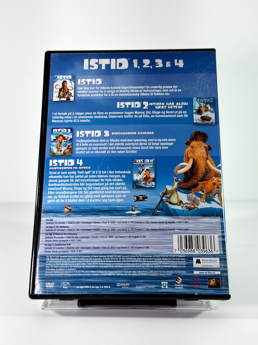 Bakside av cover til Istid 1, 2, 3 and 4, bruktfilm på DVD hos Brukbar Film