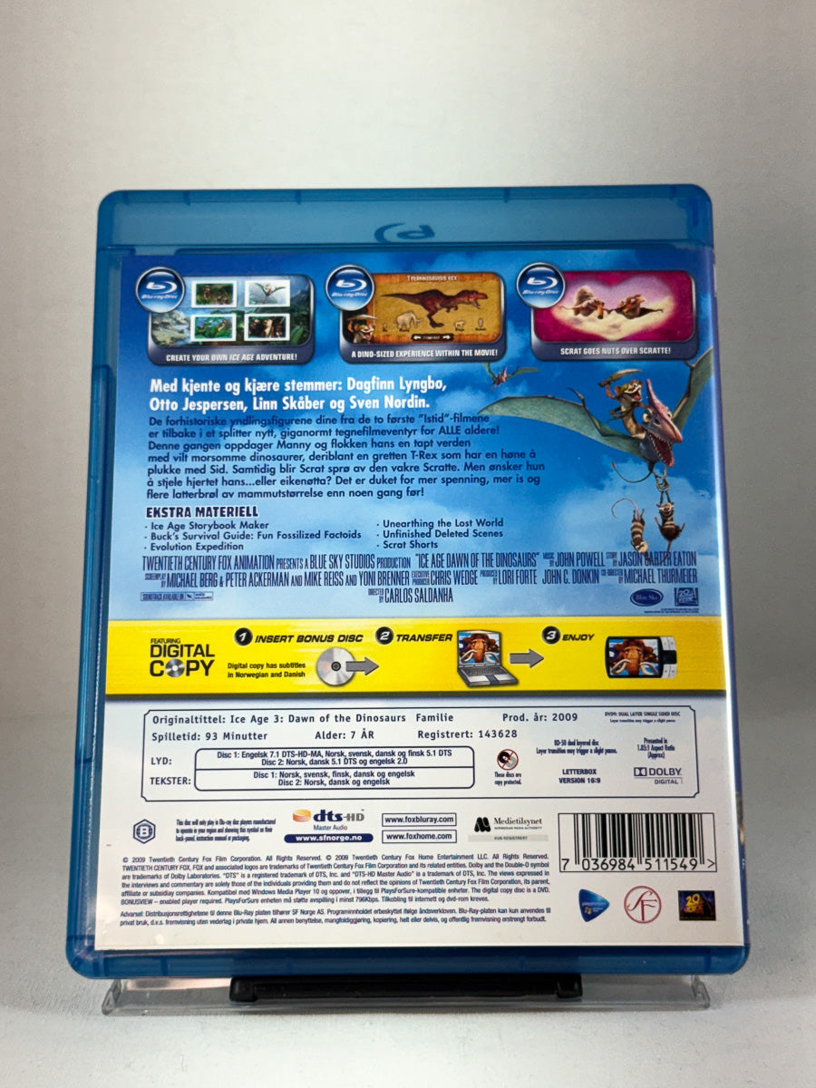 Bakside av Blu-ray-cover til Istid 3 – Dinosaurene kommer – actionfylt animasjonsfilm med norske stemmer av Dagfinn Lyngbø og Otto Jespersen, brukt original Blu-ray hos Brukbar Film.