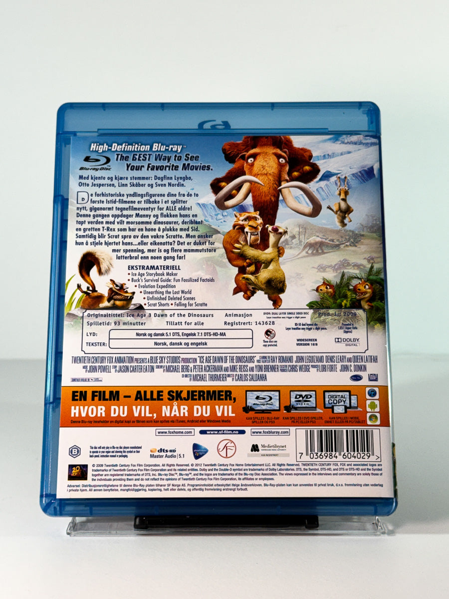 Bakside av cover til Istid 3 – Dinosaurene kommer på Blu-ray, brukt hos Brukbar Film