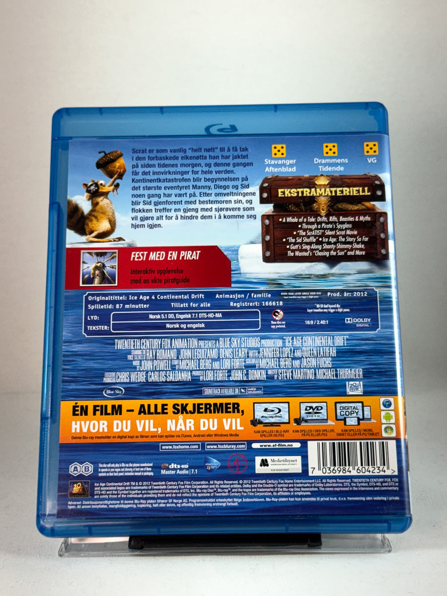 Bakside av Blu-ray-cover til Istid 4 – Kontinenter på avveie – morsom og actionfylt animasjonsfilm fra Blue Sky Studios med norsk og original tale, brukt Blu-ray hos Brukbar Film.