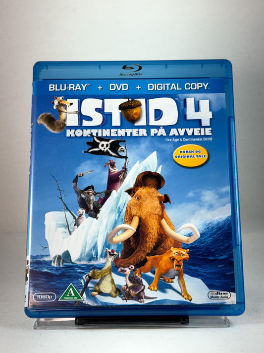 Forside av Blu-ray-cover til Istid 4 – Kontinenter på avveie – et storslått eventyr der kontinentene driver fra hverandre og Manny, Sid og Diego legger ut på reise, brukt Blu-ray hos Brukbar Film.