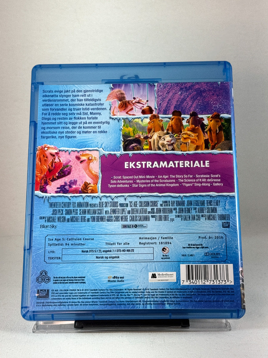 Bakside av Blu-ray-cover til Istid 5 – På kollisjonskurs – eventyrlig og morsom avslutning på den populære Istid-serien, brukt original Blu-ray hos Brukbar Film.