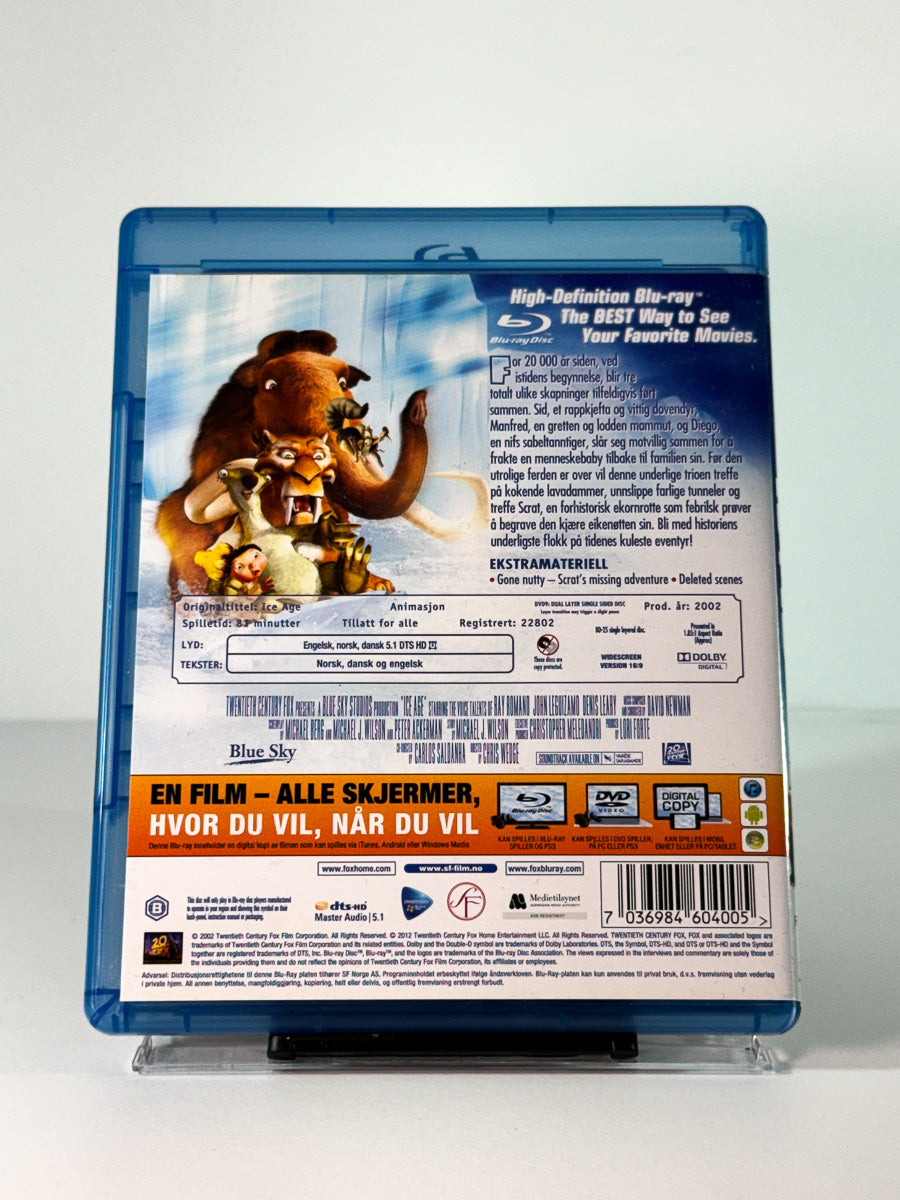 Bakside av cover til Istid (Ice Age) på Blu-ray, brukt hos Brukbar Film