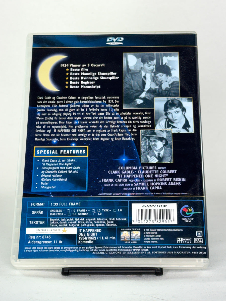 Bakside av DVD-cover til It Happened One Night – brukt romantisk klassiker på DVD, tilgjengelig hos Brukbar Film