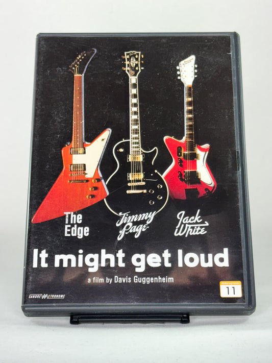 It Might Get Loud – forside av brukt DVD-cover, musikkdokumentar med The Edge, Jimmy Page og Jack White; Brukbar Film.