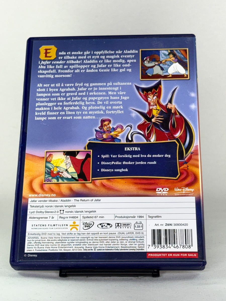 DVD-bakside til filmen Jafar vender tilbake
Baksiden viser info, spesifikasjoner og eventuell ekstratekst – produktbilde fra nettbutikken Brukbar Film