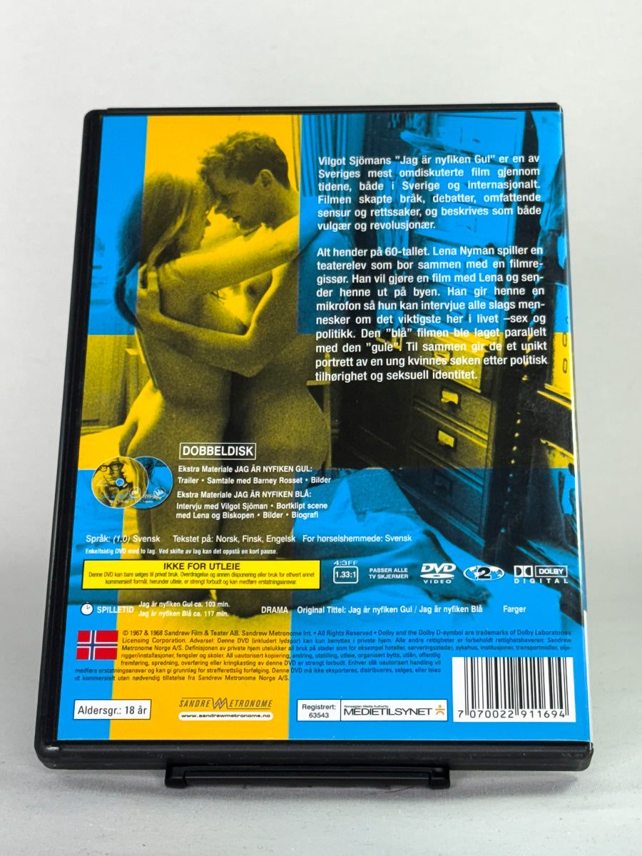 DVD-bakside til filmen Jag är nyfiken - Gul & Blå
Baksiden viser info, spesifikasjoner og eventuell ekstratekst – produktbilde fra nettbutikken Brukbar Film
