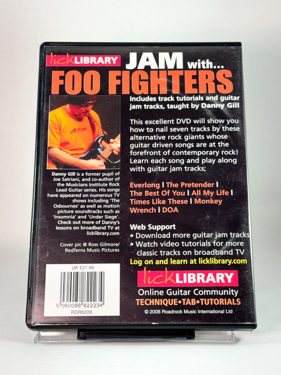Bakside av DVD-cover til Jam with Foo Fighters, gitarworkshop med jam tracks, brukt DVD hos Brukbar Film