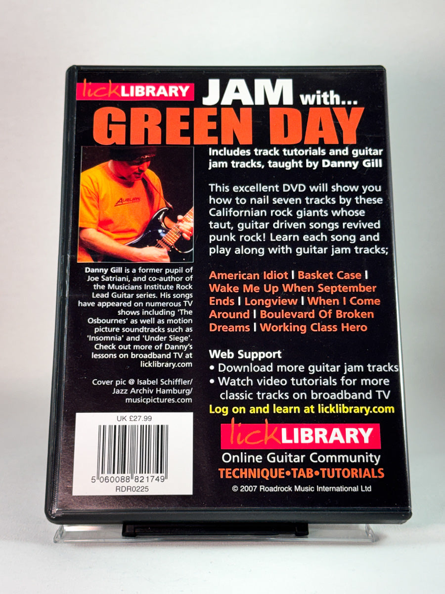 Bakside av DVD-cover til Jam with Green Day, gitarworkshop og jam tracks, brukt DVD hos Brukbar Film