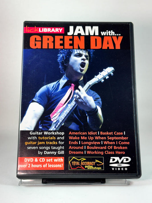 Forside av DVD-cover til Jam with Green Day, gitaropplæring med låter av Green Day, brukt DVD hos Brukbar Film