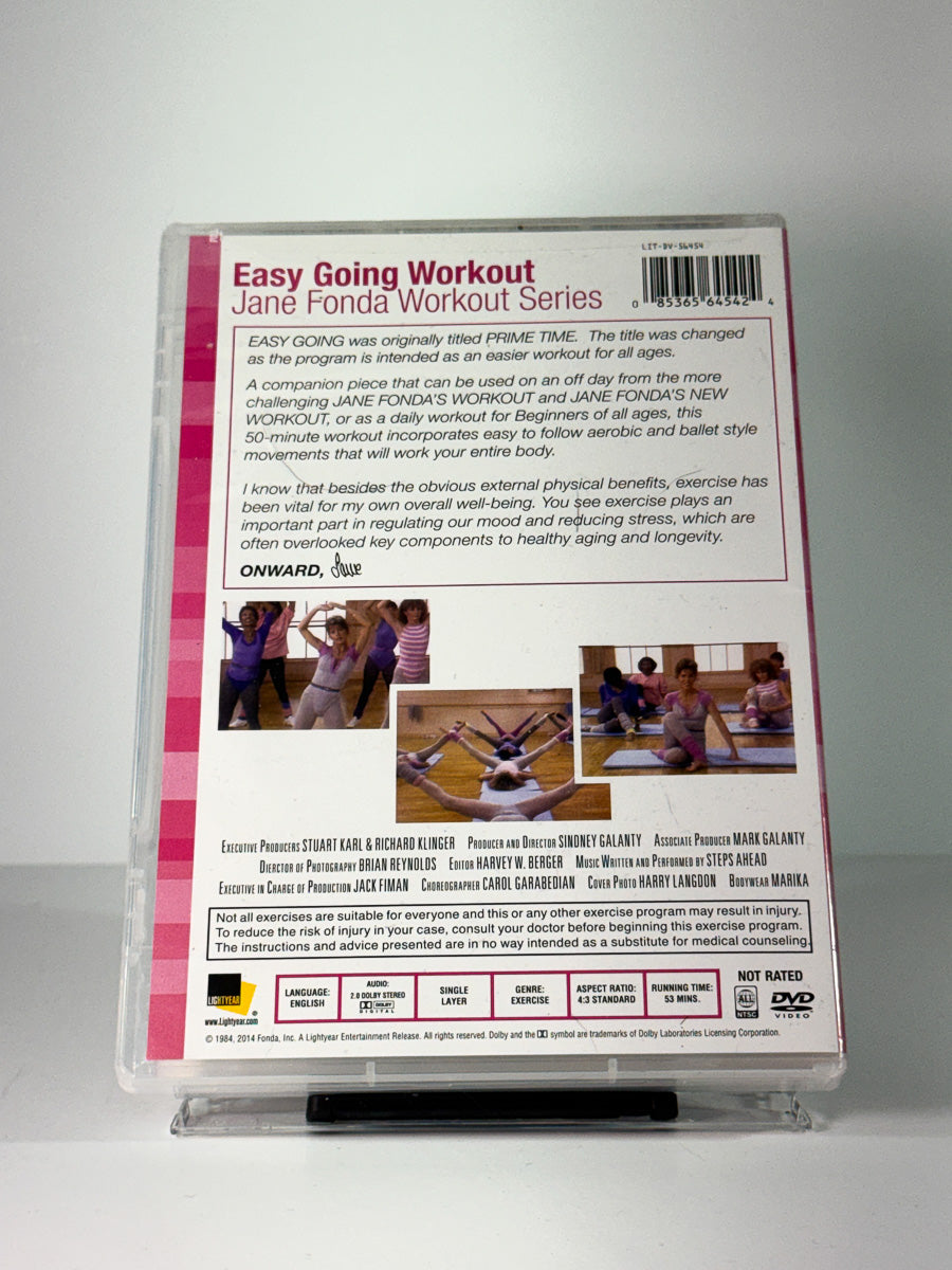 Bakside av cover til Jane Fonda’s Easy Going Workout, brukt original DVD hos Brukbar Film