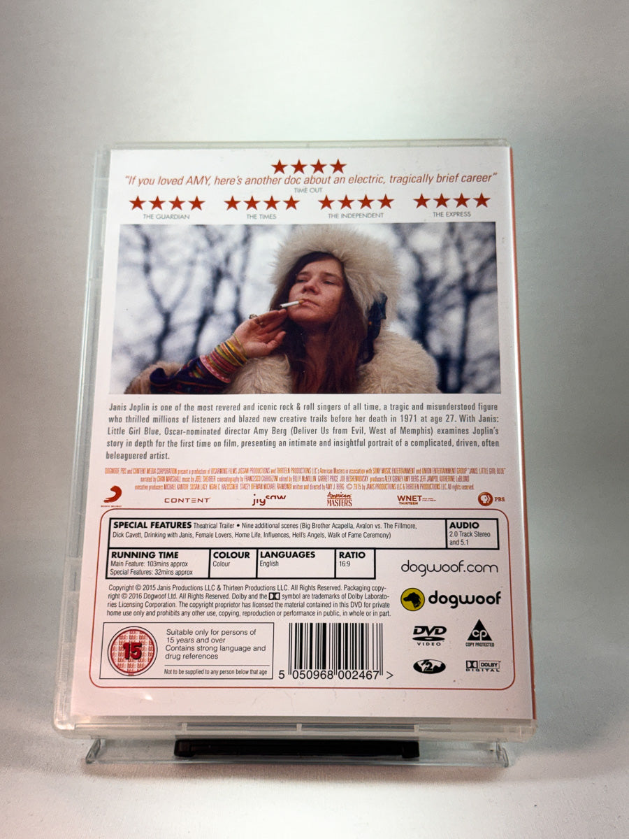 Bakside av cover til Janis: Little Girl Blue, bruktfilm på DVD hos Brukbar Film