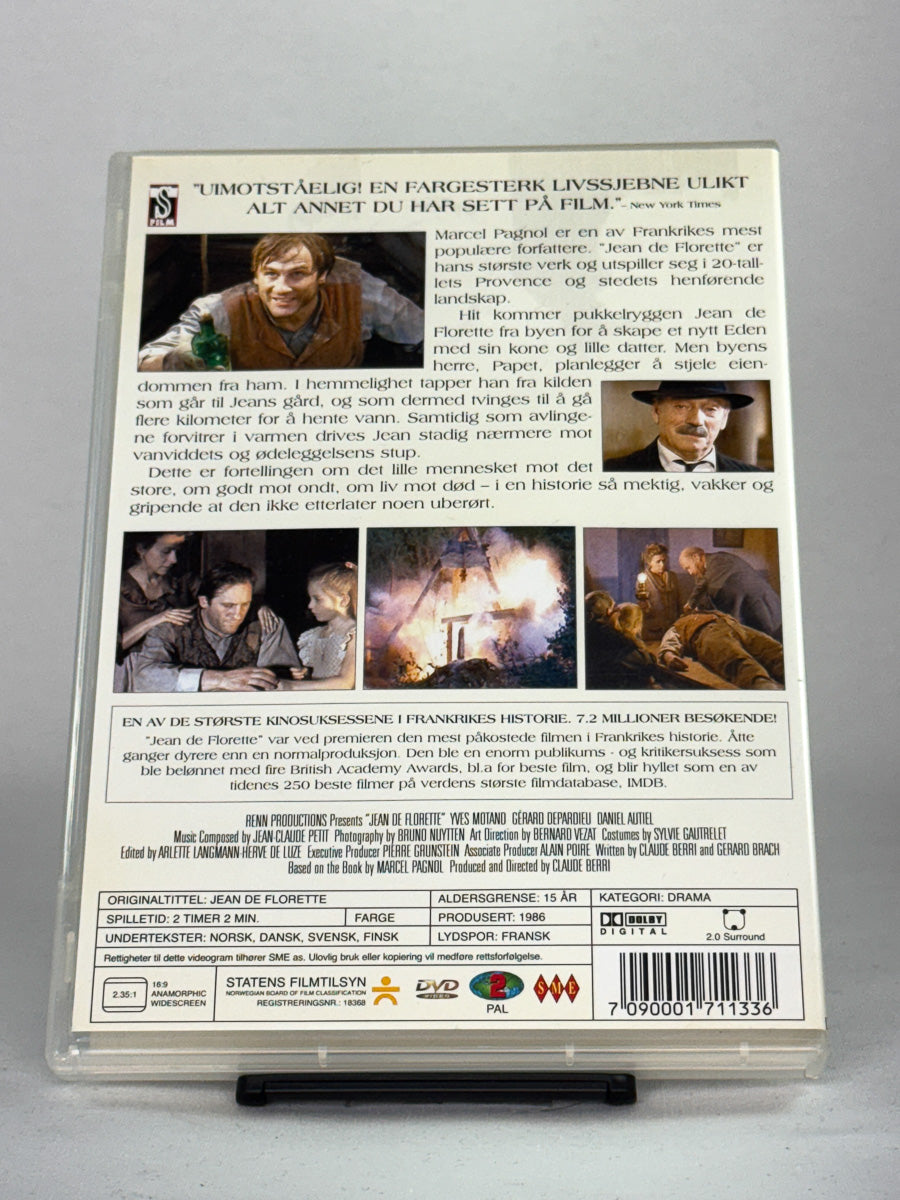 Bakside av DVD-cover til Jean de Florette – tidløs filmklassiker om liv, drømmer og svik i Provence – original brukt DVD hos Brukbar Film.