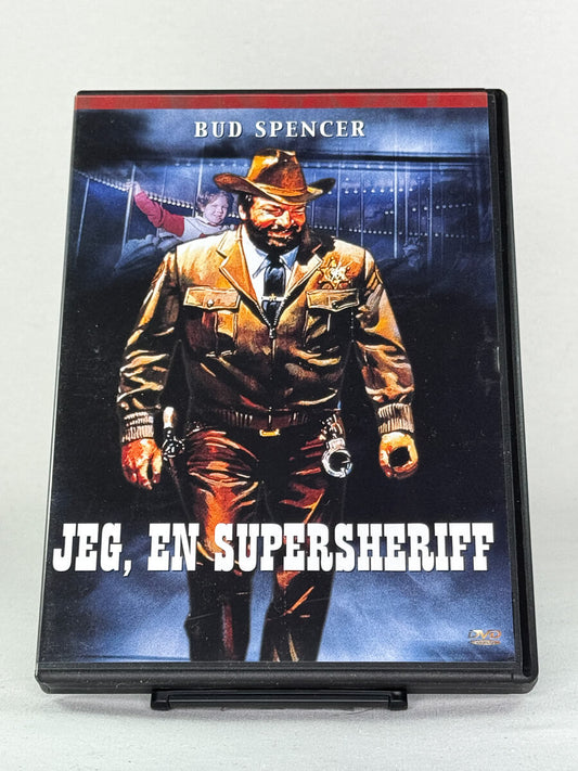 Forside av DVD-cover til Jeg, en supersheriff med Bud Spencer – italiensk actionkomedie med westernpreg og humor – brukt DVD-film tilgjengelig hos Brukbar Film.