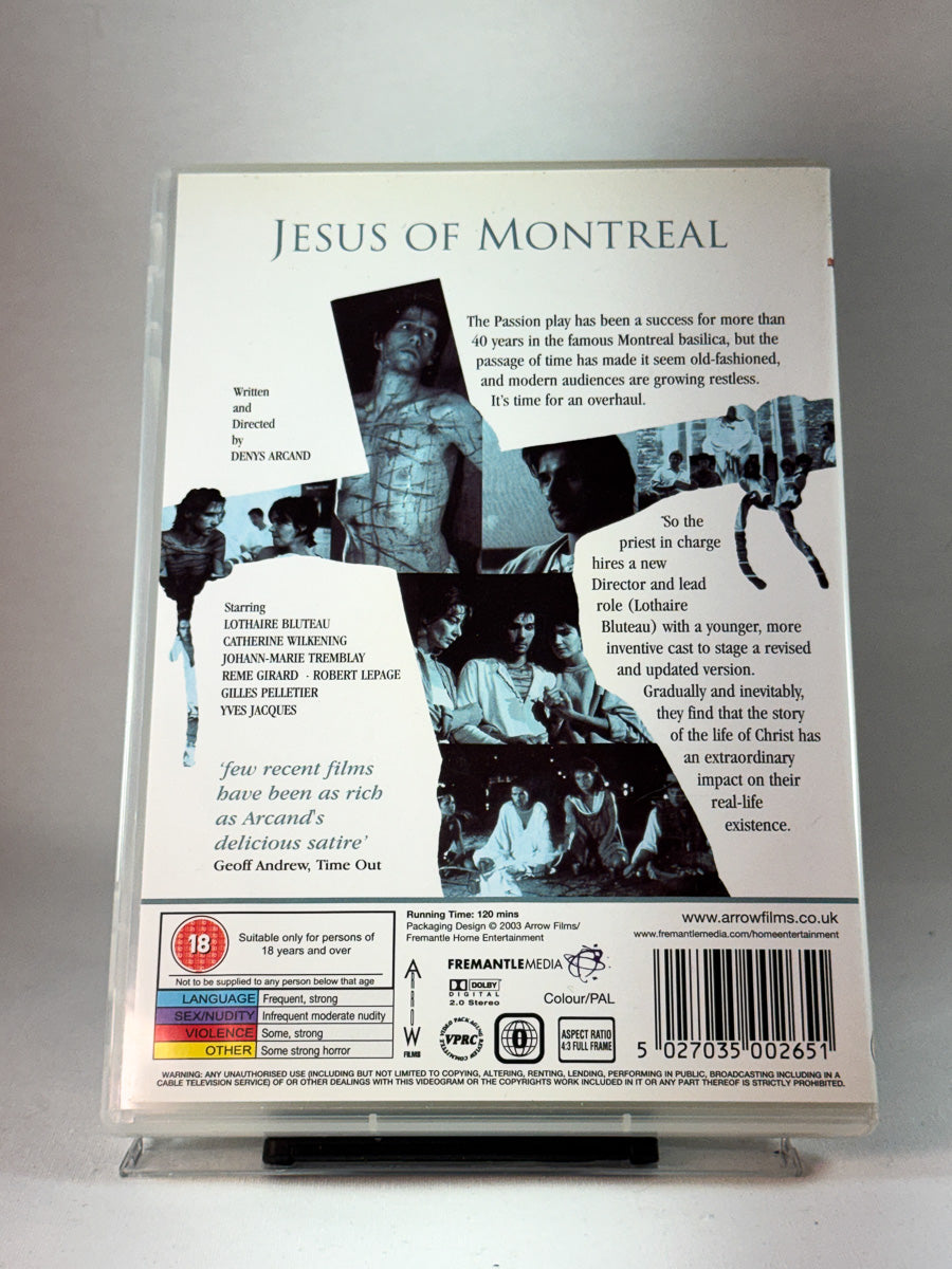 Bakside av cover til Jesus of Montreal, bruktfilm hos nettbutikken Brukbar Film