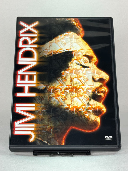 Forside av DVD-cover til Jimi Hendrix, dokumentaren som fanger gitarlegenden i konsertopptak og intervjuer – brukt musikkdokumentar på DVD hos Brukbar Film.