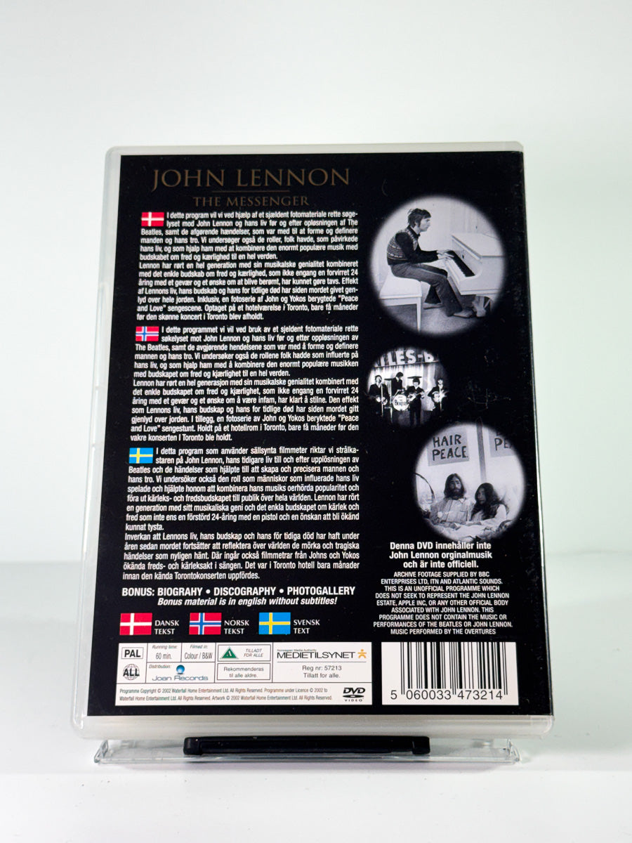 Bakside av cover til john lennon the messenger, brukt DVD hos Brukbar Film