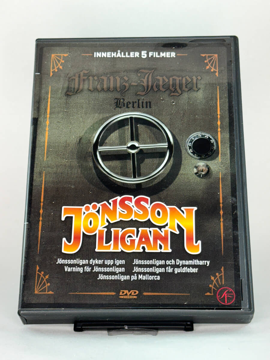 Brukt DVD-samleboks Jönssonligan – forside med fem klassiske svenske filmer, original utgave hos Brukbar Film