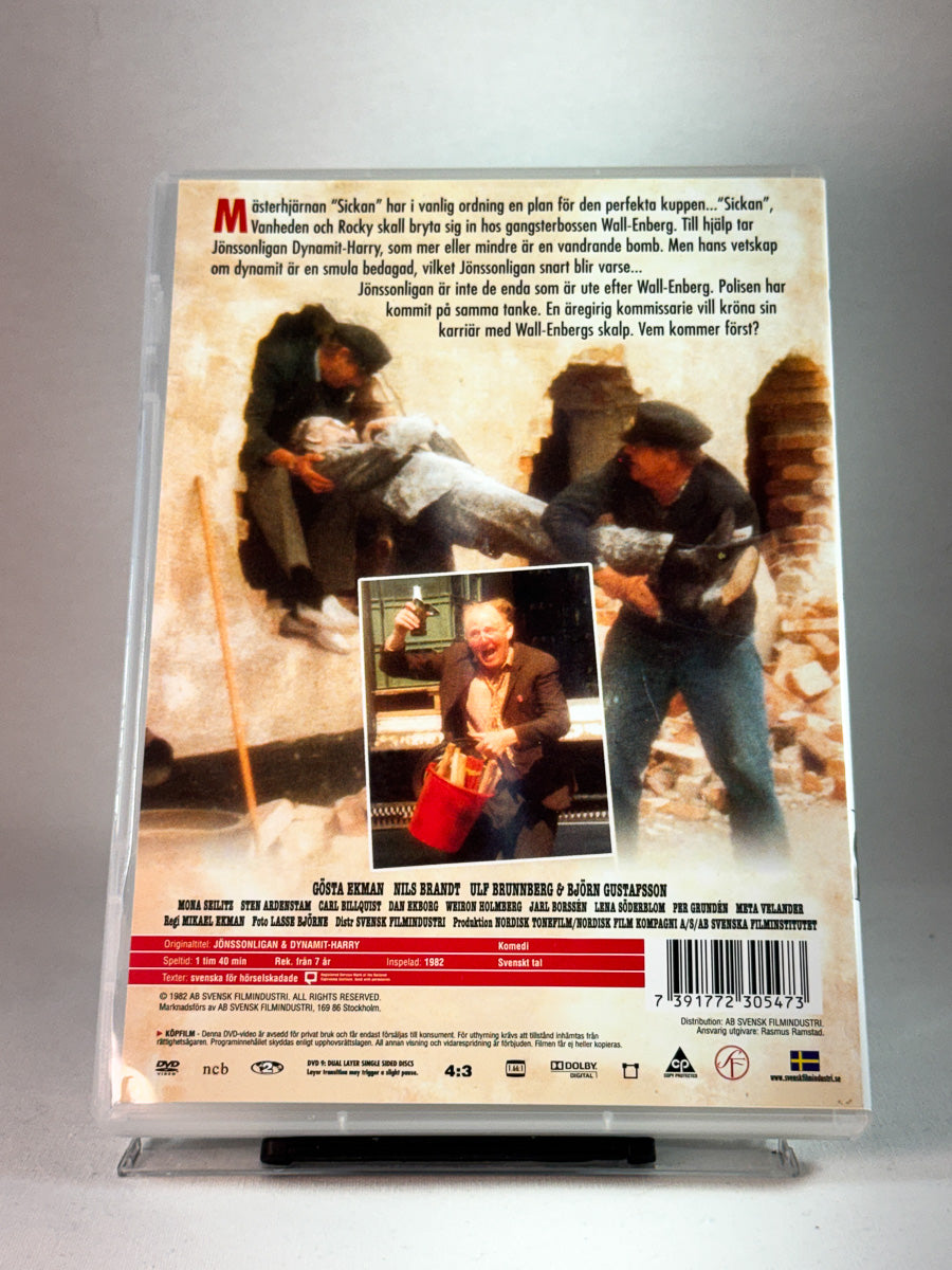 Bakside av cover til Jönssonligan & Dynamit-Harry, bruktfilm hos nettbutikken Brukbar Film
