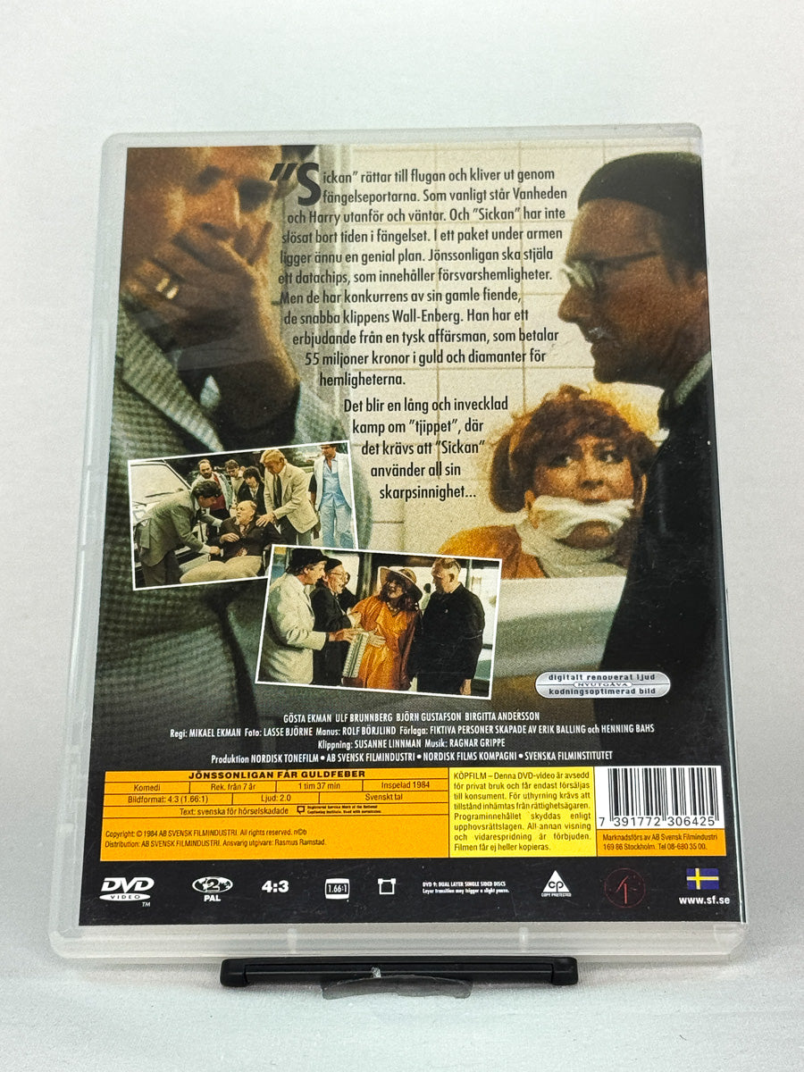 DVD-cover-bakside til filmen Jönssonligan får guldfeber – Brukt DVD fra nettbutikken Brukbar Film