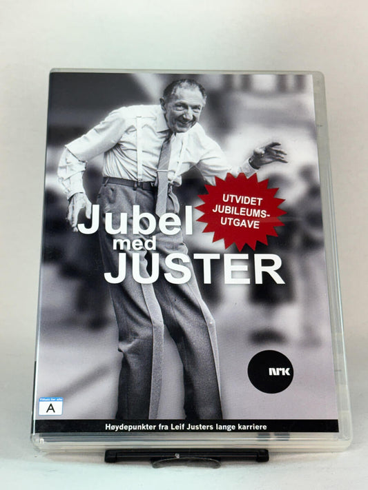 Forside av DVD-cover til Jubel med Juster – en klassisk NRK-samling med høydepunkter fra Leif Justers legendariske karriere, brukt DVD hos Brukbar Film.