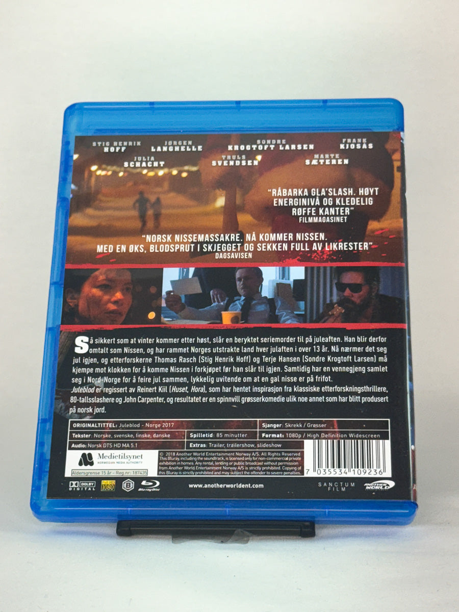 Bakside av Blu-ray-cover til Juleblod – skrekkfilm med juletema, Blu-ray brukt originalfilm tilgjengelig hos Brukbar Film
