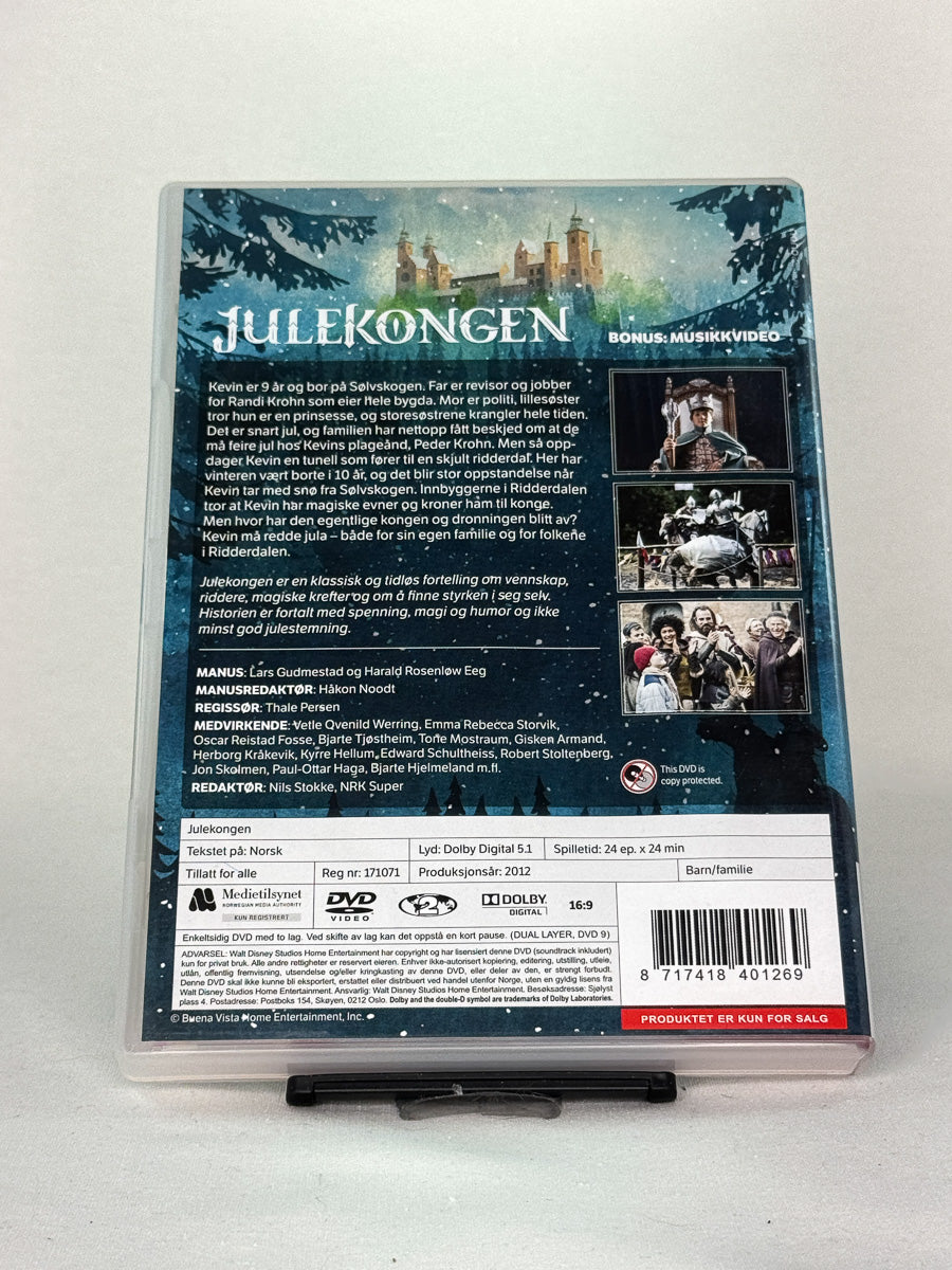 Bakside av DVD-cover til Julekongen – brukt DVD med NRKs populære juleeventyr for hele familien, tilgjengelig hos Brukbar Film