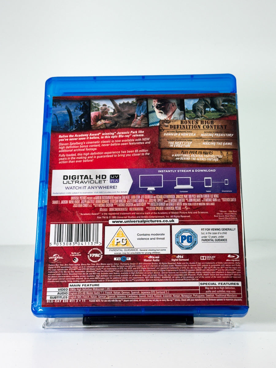 Bakside av cover til Jurassic Park, brukt original Blu-ray hos Brukbar Film