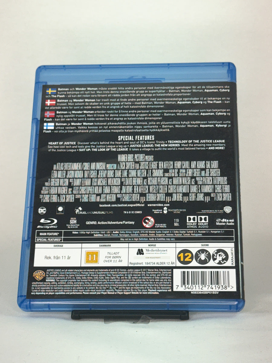 Bakside av Blu-ray-cover for Justice League – brukt DC-actionfilm på Blu-ray fra Brukbar Film