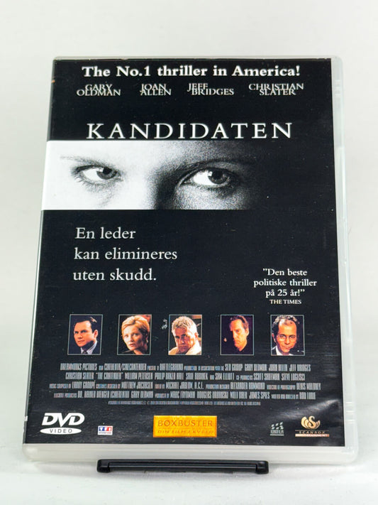 Forside av DVD-cover til Kandidaten (The Contender) – politisk thriller med Gary Oldman, Joan Allen og Jeff Bridges – brukt DVD tilgjengelig hos Brukbar Film.