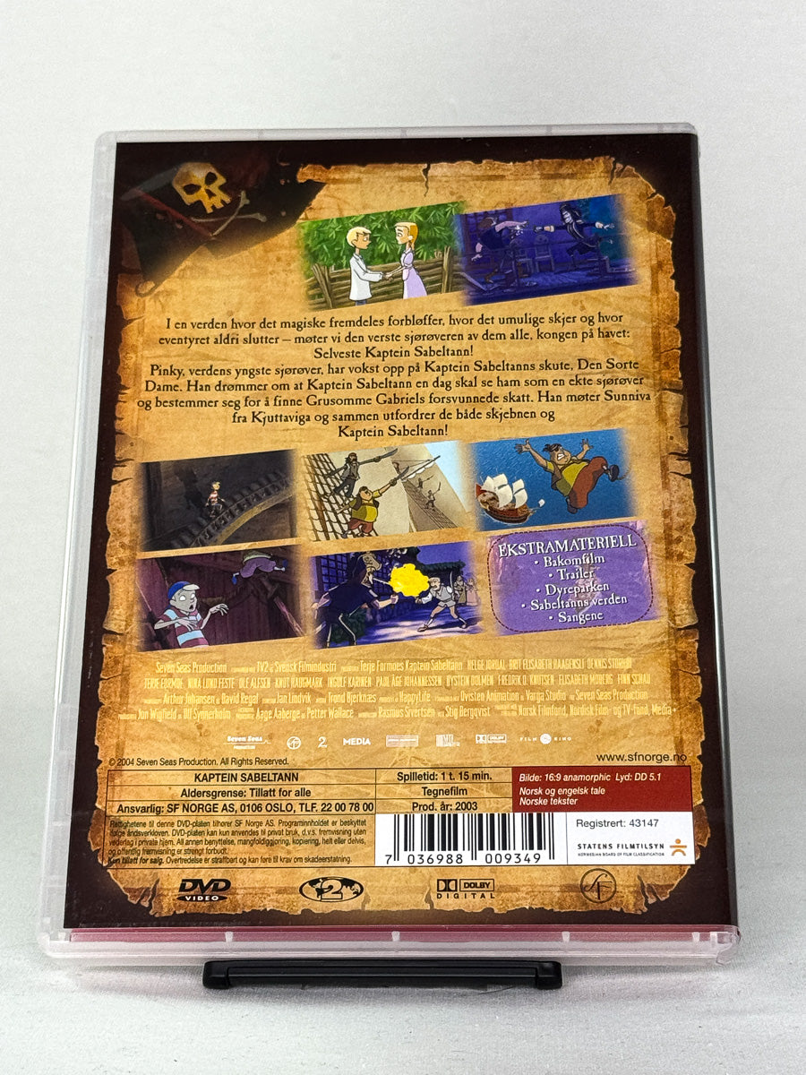 DVD-bakside til filmen Kaptein Sabeltann
Baksiden viser info, spesifikasjoner og eventuell ekstratekst – produktbilde fra nettbutikken Brukbar Film