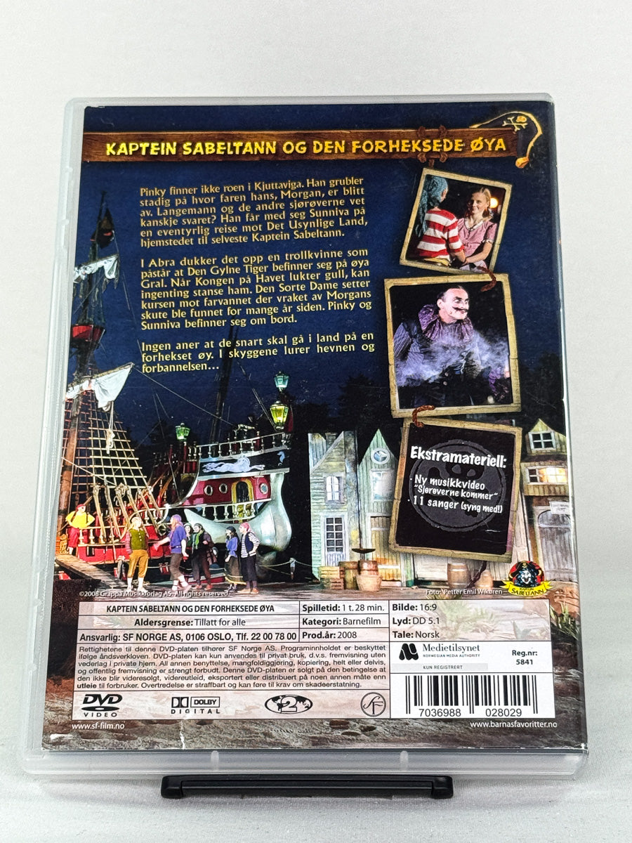 DVD-bakside til filmen Kaptein Sabeltann og den forheksede øya
Baksiden viser info, spesifikasjoner og eventuell ekstratekst – produktbilde fra nettbutikken Brukbar Film
