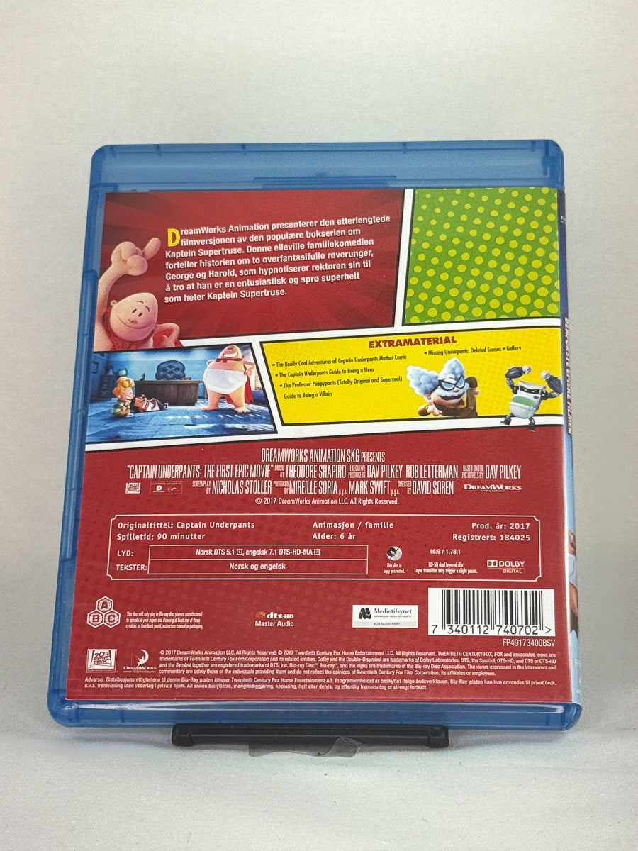 Bakside av Blu-ray-cover til Kaptein Supertruse – Den første episke filmen – brukt Blu-ray med informasjon om språk og innhold, Brukbar Film