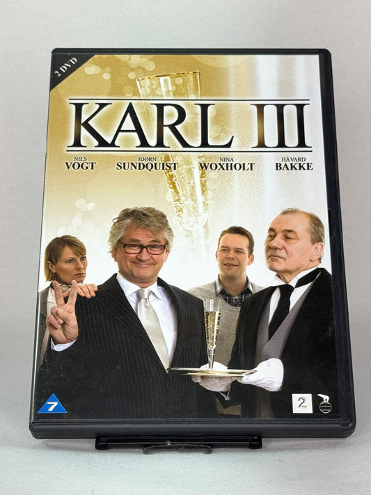 Forside av DVD-cover til Karl III – norsk TV-serie med Nils Vogt, Bjørn Sundquist, Nina Woxholt og Håvard Bakke, tilgjengelig hos Brukbar Film