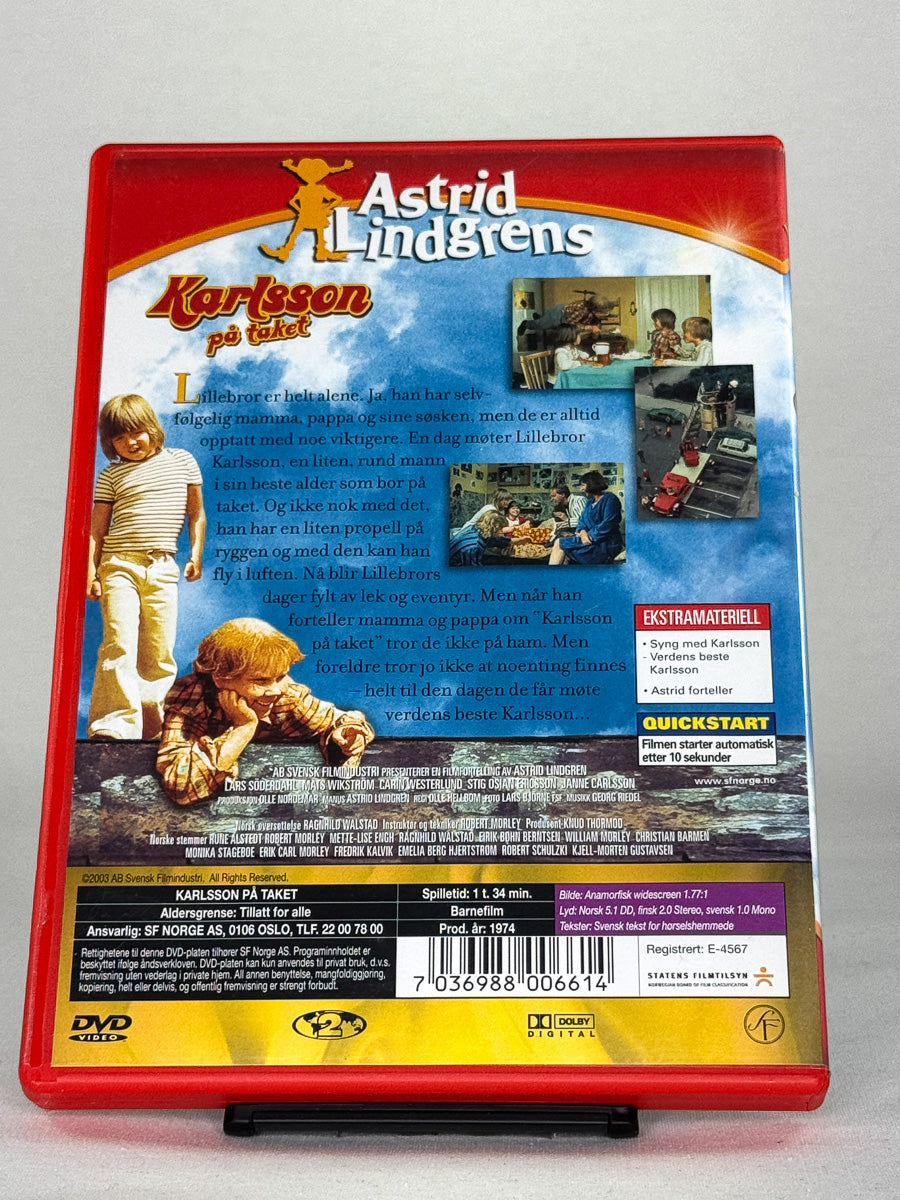 DVD-bakside til filmen Karlsson på taket
Baksiden viser info, spesifikasjoner og eventuell ekstratekst – produktbilde fra nettbutikken Brukbar Film