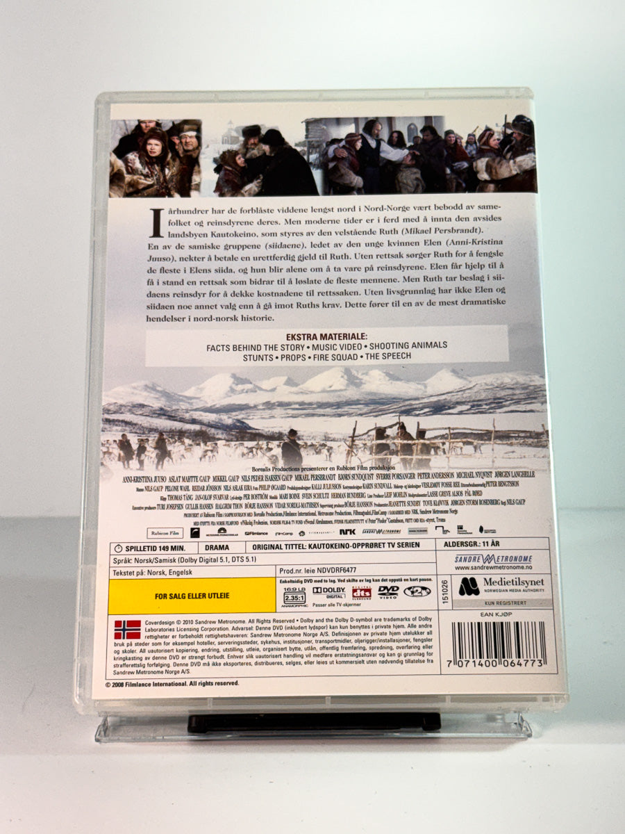 Bakside av cover til kautokeino opproret tv serien, brukt DVD hos Brukbar Film