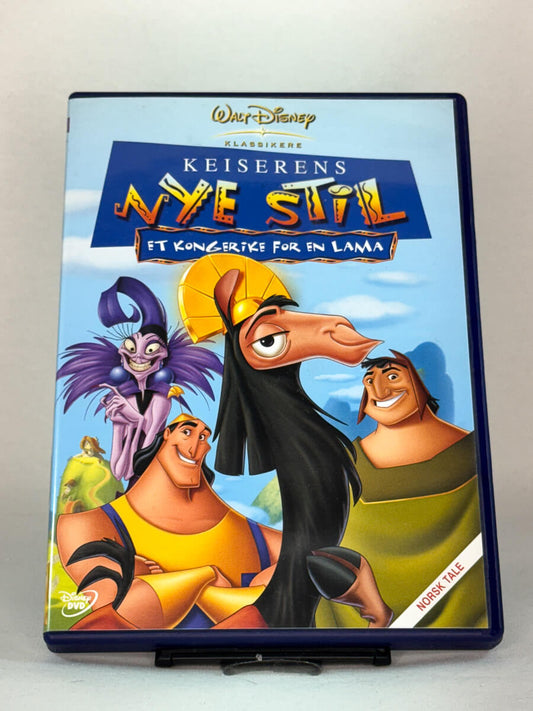 Forside av DVD-cover til Keiserens nye stil (The Emperor’s New Groove) – Disneys sprø animasjonsklassiker med norsk tale, brukt DVD hos Brukbar Film.