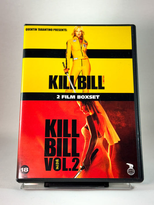 Forside av DVD-cover til Kill Bill – 2 Film Boxset, Quentin Tarantinos actionklassikere samlet, brukt DVD hos Brukbar Film