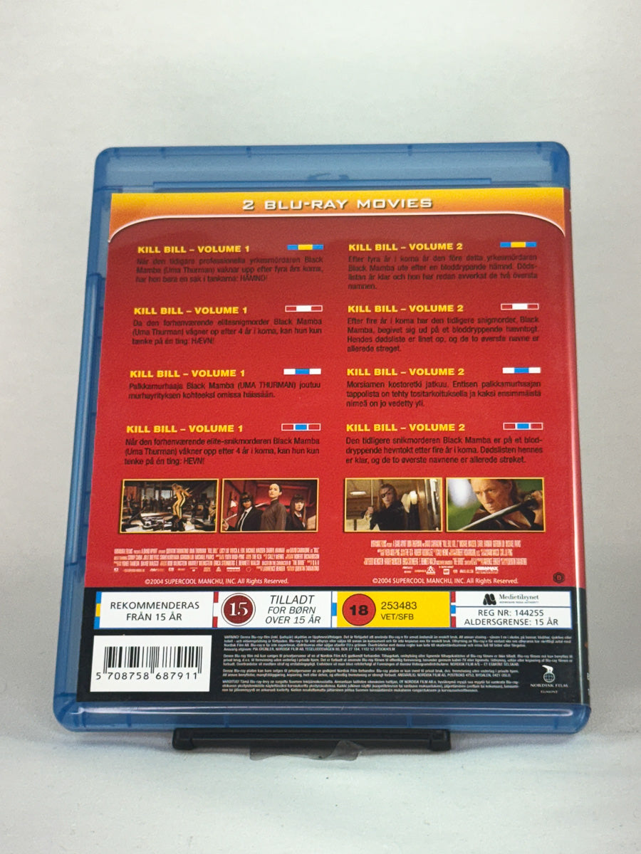 Bakside av Blu-ray-cover til Kill Bill: The Complete Collection – begge filmene regissert av Quentin Tarantino i én brukt Blu-ray-utgave hos Brukbar Film.