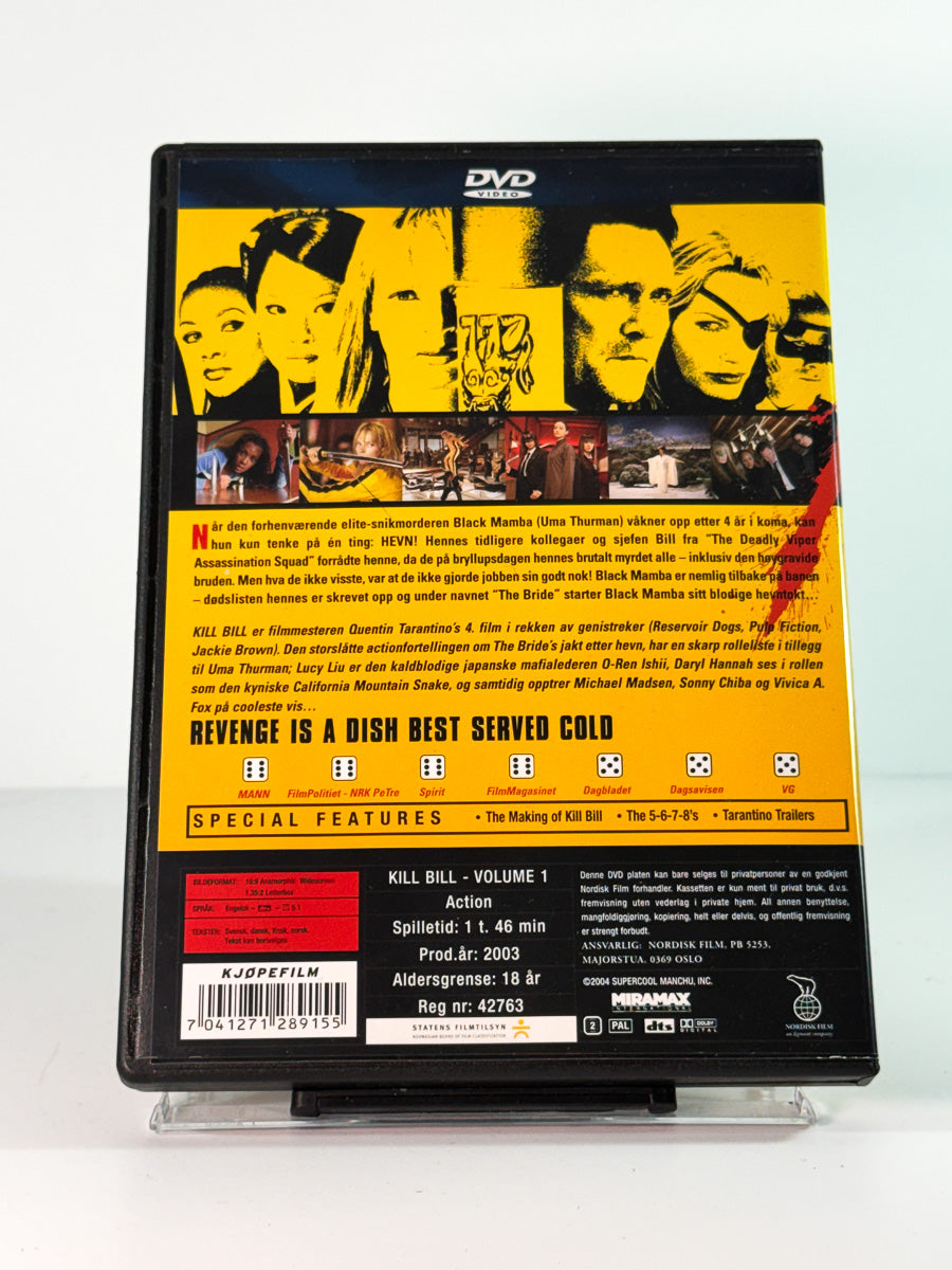 Bakside av cover til kill bill vol 1, bruktfilm på DVD hos Brukbar Film
