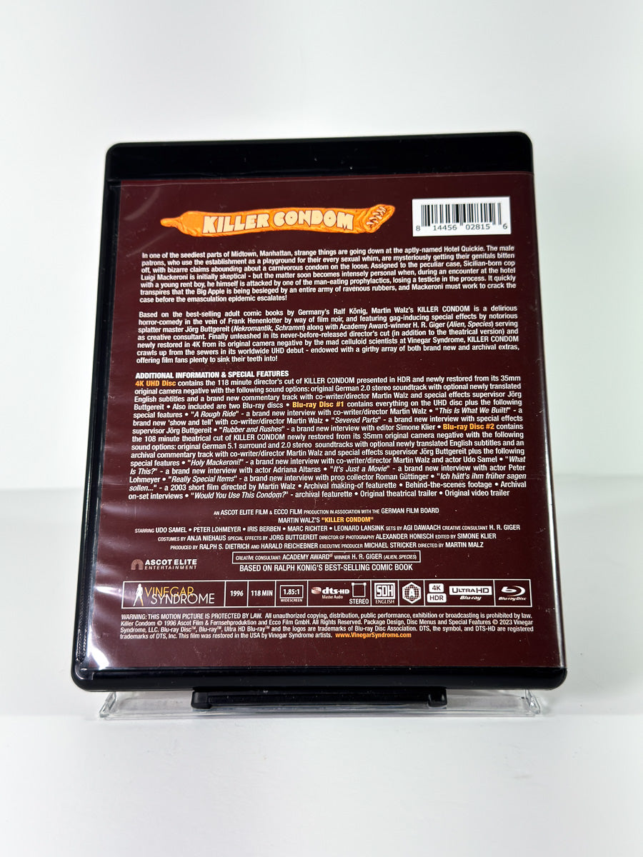 Bakside av cover til Killer Condom på 4K Ultra HD