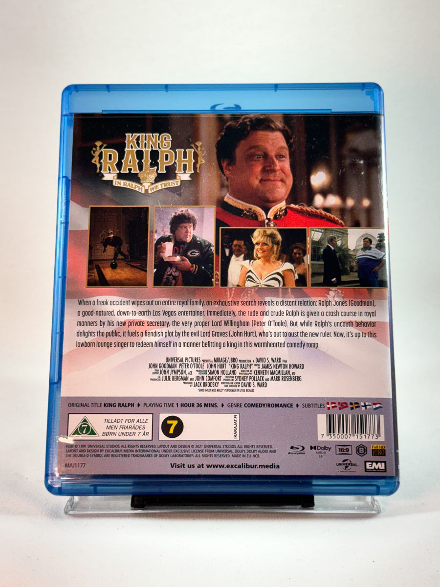 King Ralph – bakside av Blu-ray-cover, humoristisk 90-tallskomedie, bruktfilm hos Brukbar Film