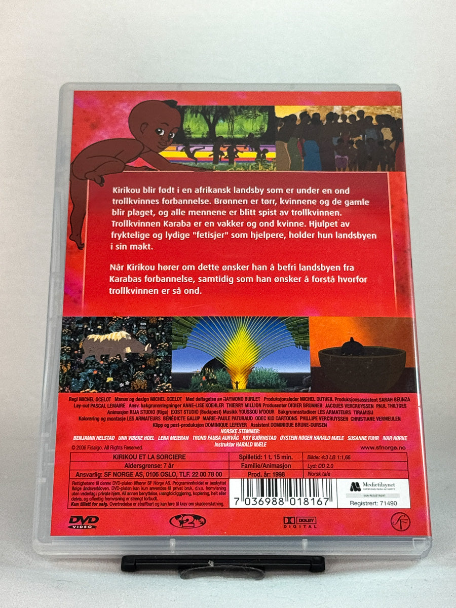 Bakside av DVD-cover til Kirikou og trollkvinnen – eventyrlig fortelling inspirert av afrikanske legender, norsk tale og original brukt DVD tilgjengelig hos Brukbar Film.