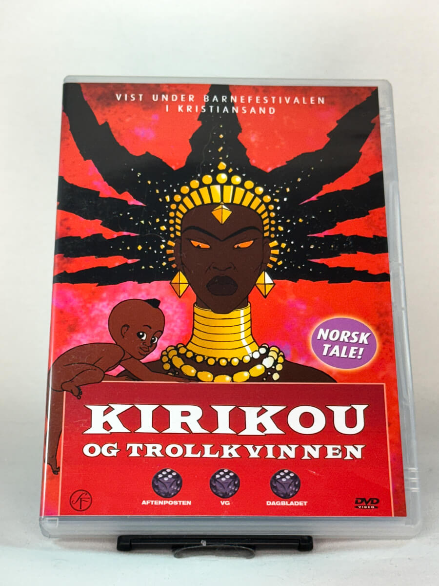 Forside av DVD-cover til Kirikou og trollkvinnen – fargerik og prisvinnende animasjonsfilm med norsk tale, brukt familiefilm på DVD hos Brukbar Film.